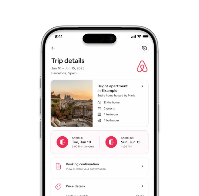 Smartphone showing the trip details screen of an Airbnb-style vacation rental app.