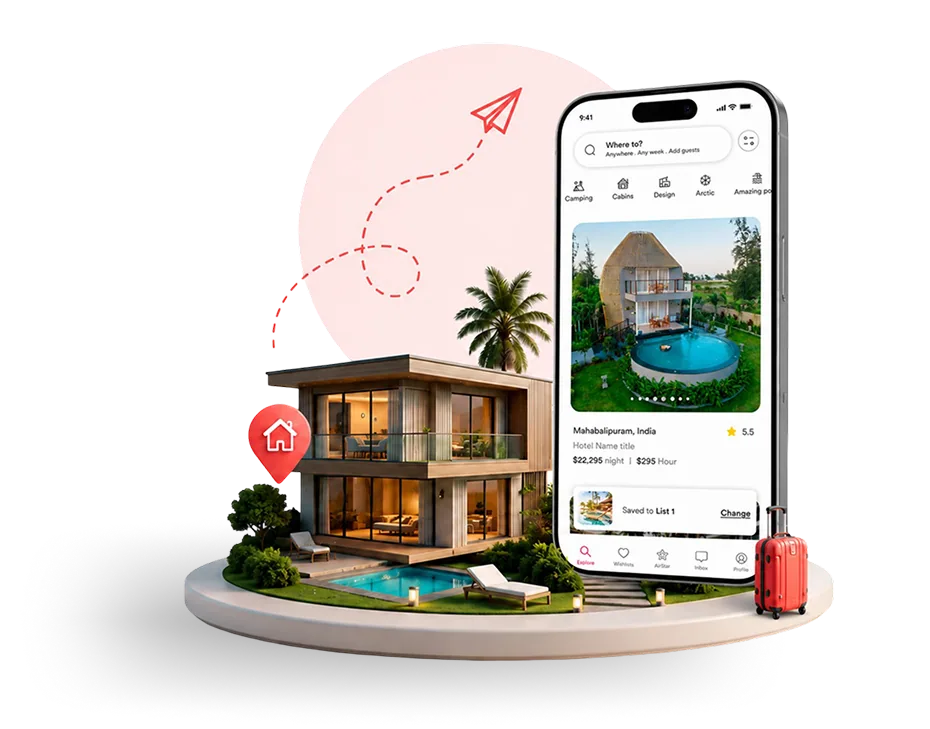Vacation rental booking app shown on a phone beside a 3D villa with a pool, a location pin and a suitcase.
