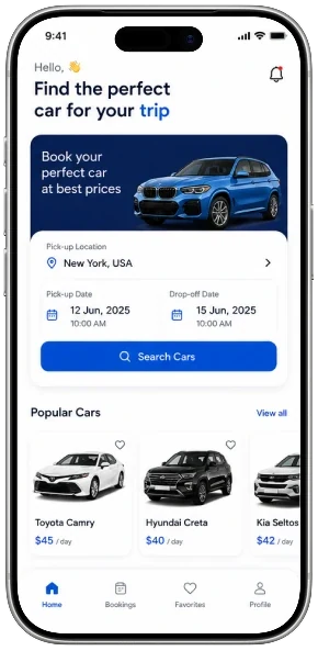 Car rental app screen 1
