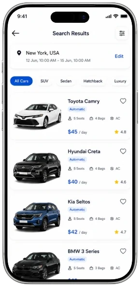 Car rental app screen 2