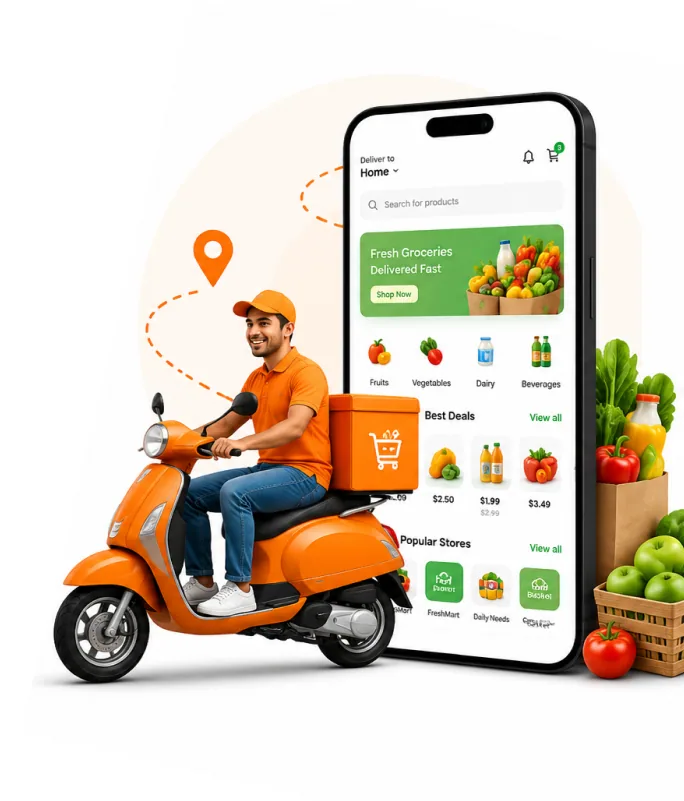 Delivery rider on scooter with a grocery delivery app on a phone