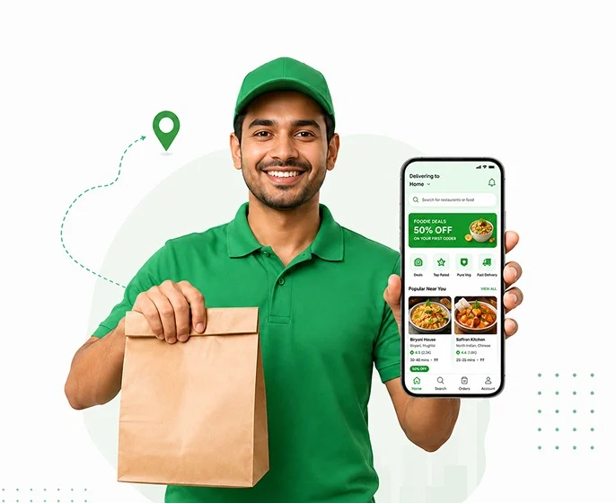 Delivery partner in a green uniform holding a paper bag and showing the food delivery app on a phone