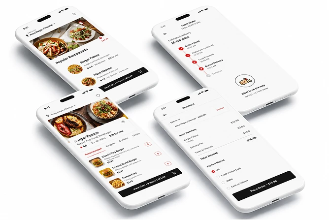 Four smartphone screens showing restaurant listings, order tracking, a restaurant menu and the checkout page of an AI-powered food delivery app